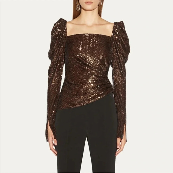 Jonathan Simkhai Allura brown sequin square neck puff sleeve top - Picture 12 of 12